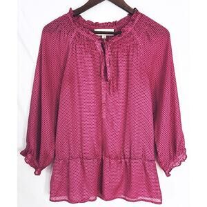 Ann Taylor LOFT Small Sheer Pink Black Polka Dot Long Sleeve Drawstring Neck Top